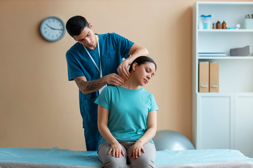 Healthcare professional helping a patient during rehabilitation