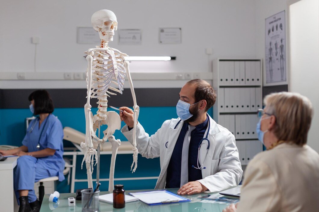 Orthopedic specialist explaining a human skeleton model to a patient